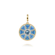 14K Yellow Gold Bujukan Diamond and Blue Topaz Medallion with Blue and Dust Blue and White Enamel
