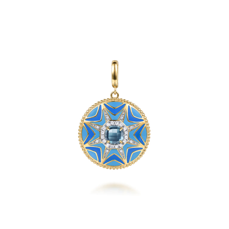 14K Yellow Gold Bujukan Diamond and Blue Topaz Medallion with Blue and Dust Blue and White Enamel - 0.17 ct - Shot 1
