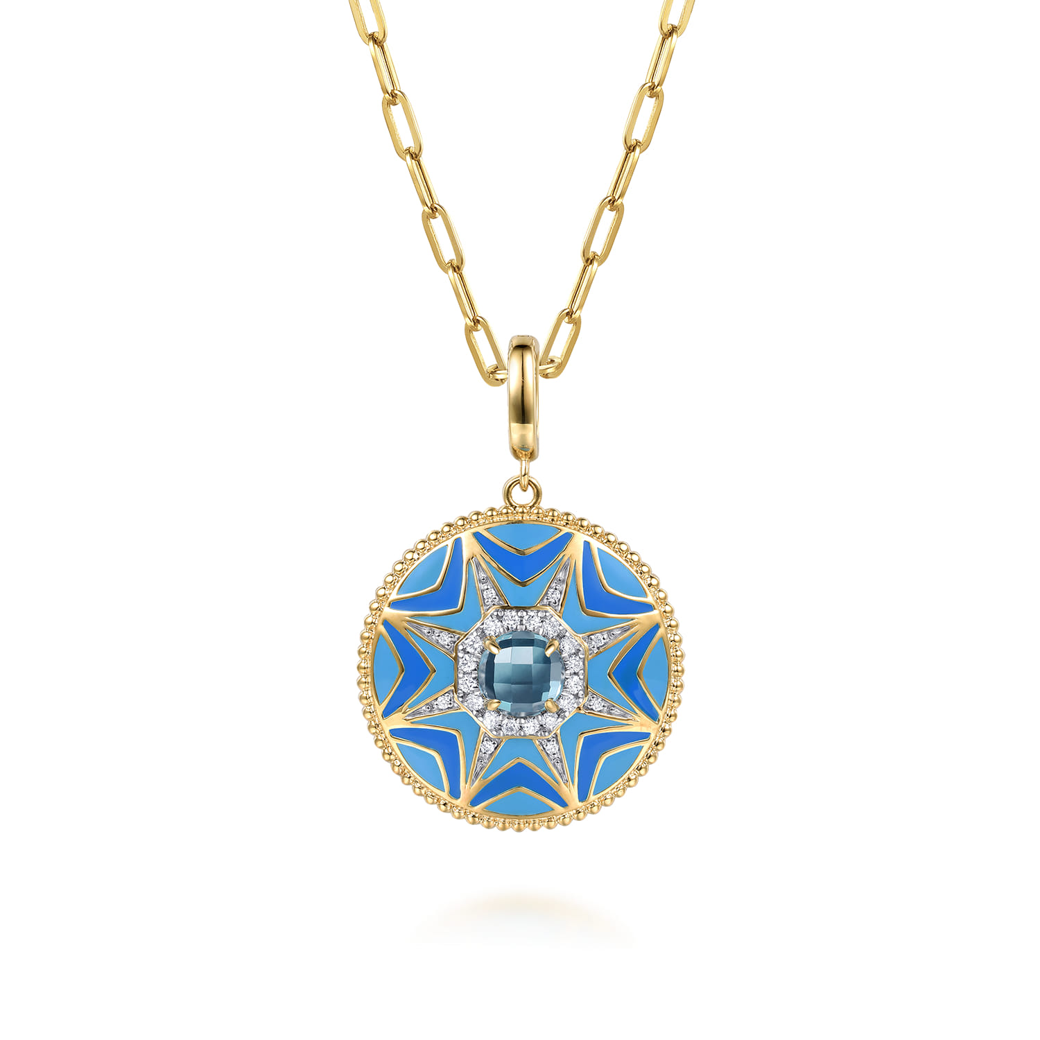 14K Yellow Gold Bujukan Diamond and Blue Topaz Medallion with Blue and Dust Blue and White Enamel - 0.17 ct - Shot 3