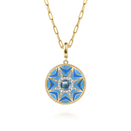 14K Yellow Gold Bujukan Diamond and Blue Topaz Medallion with Blue and Dust Blue and White Enamel