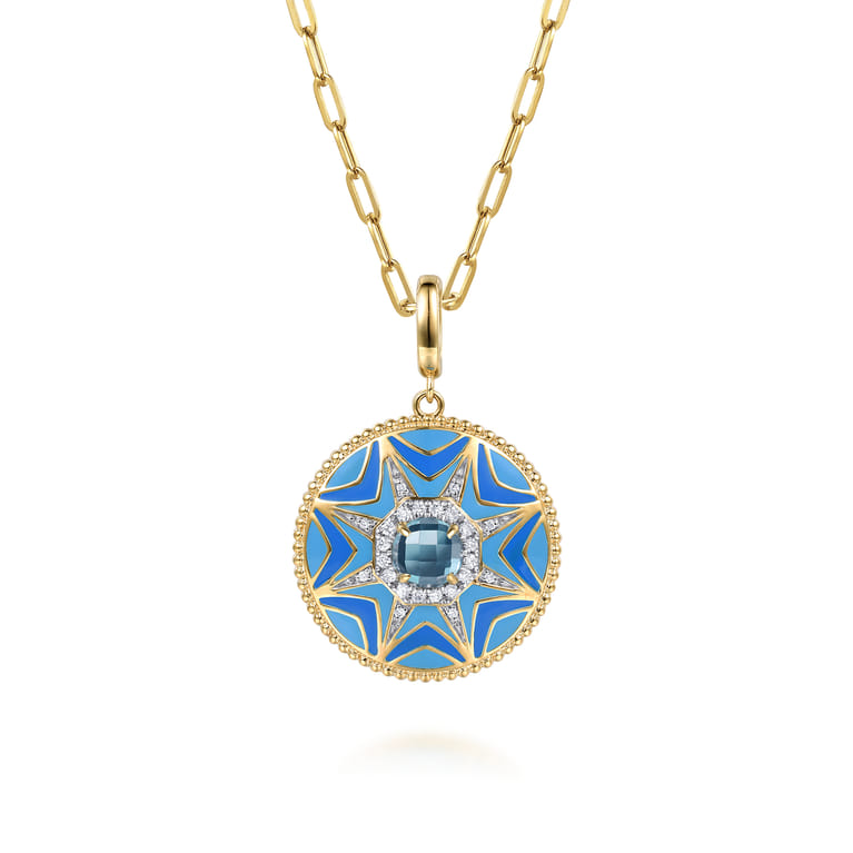 14K Yellow Gold Bujukan Diamond and Blue Topaz Medallion with Blue and Dust Blue and White Enamel - 0.17 ct - Shot 3