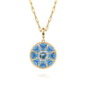 14K Yellow Gold Bujukan Diamond and Blue Topaz Medallion with Blue and Dust Blue and White Enamel - 0.17 ct