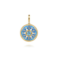 14K Yellow Gold Bujukan Diamond and Blue Topaz Medallion with Blue and Dust Blue and White Enamel