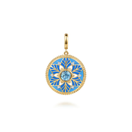 14K Yellow Gold Bujukan Diamond and Blue Topaz Medallion with Blue and Dust Blue and White Enamel