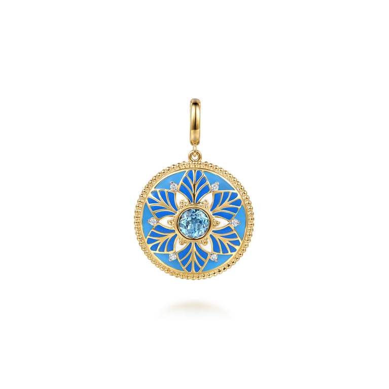 14K Yellow Gold Bujukan Diamond and Blue Topaz Medallion with Blue and Dust Blue and White Enamel - 0.08 ct - Shot 1