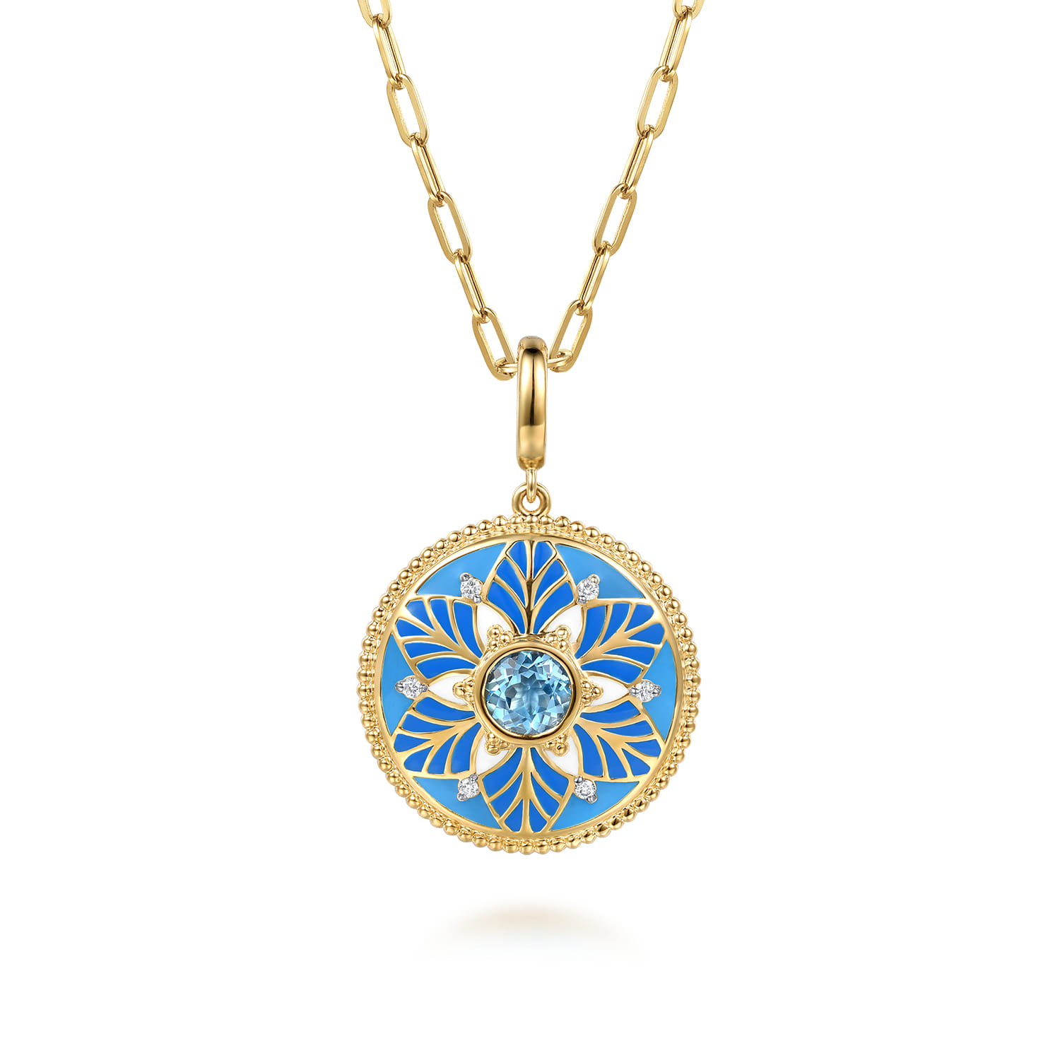14K Yellow Gold Bujukan Diamond and Blue Topaz Medallion with Blue and Dust Blue and White Enamel - 0.08 ct - Shot 3