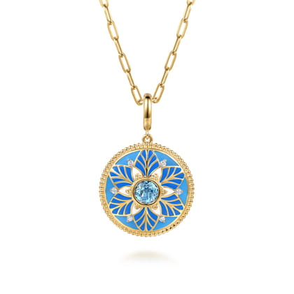 14K Yellow Gold Bujukan Diamond and Blue Topaz Medallion with Blue and Dust Blue and White Enamel