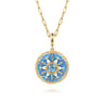 14K Yellow Gold Bujukan Diamond and Blue Topaz Medallion with Blue and Dust Blue and White Enamel - 0.08 ct