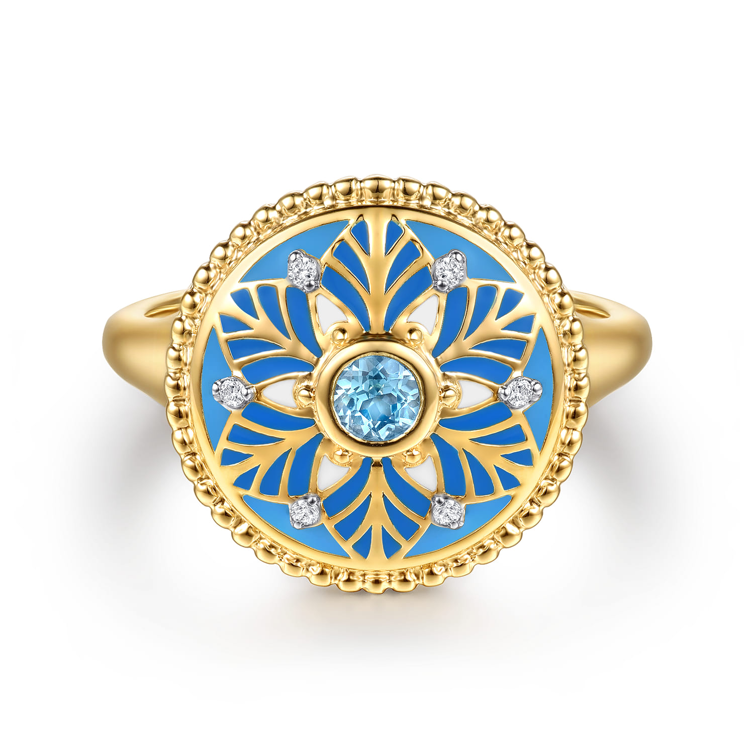14K Yellow Gold Bujukan Diamond and Blue Topaz Signet Ring with Blue and Dust Blue and White Enamel