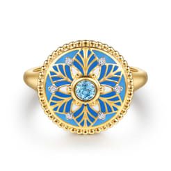 14K Yellow Gold Bujukan Diamond and Blue Topaz Signet Ring with Blue and Dust Blue and White Enamel
