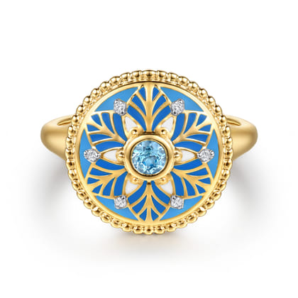 14K Yellow Gold Bujukan Diamond and Blue Topaz Signet Ring with Blue and Dust Blue and White Enamel