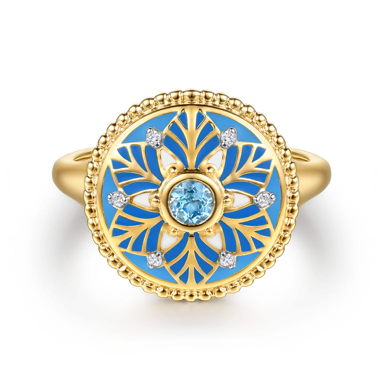 14K Yellow Gold Bujukan Diamond and Blue Topaz Signet Ring with Blue and Dust Blue and White Enamel - 0.02 ct - Shot 1