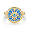 14K Yellow Gold Bujukan Diamond and Blue Topaz Signet Ring with Blue and Dust Blue and White Enamel - 0.02 ct