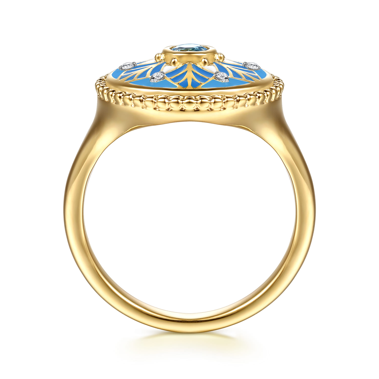 14K Yellow Gold Bujukan Diamond and Blue Topaz Signet Ring with Blue and Dust Blue and White Enamel