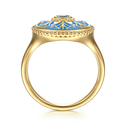 14K Yellow Gold Bujukan Diamond and Blue Topaz Signet Ring with Blue and Dust Blue and White Enamel