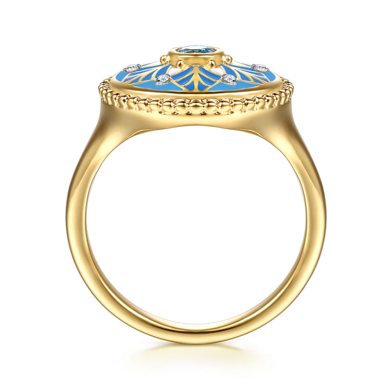 14K Yellow Gold Bujukan Diamond and Blue Topaz Signet Ring with Blue and Dust Blue and White Enamel - 0.02 ct - Shot 2