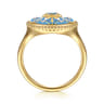 14K Yellow Gold Bujukan Diamond and Blue Topaz Signet Ring with Blue and Dust Blue and White Enamel - 0.02 ct