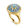 14K Yellow Gold Bujukan Diamond and Blue Topaz Signet Ring with Blue and Dust Blue and White Enamel - 0.02 ct