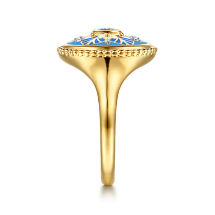 14K Yellow Gold Bujukan Diamond and Blue Topaz Signet Ring with Blue and Dust Blue and White Enamel