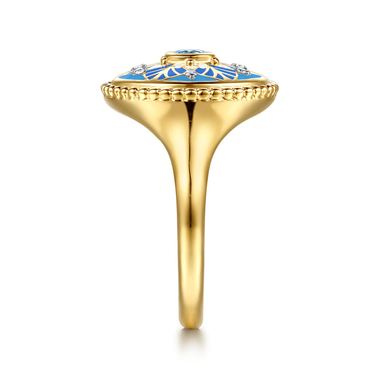 14K Yellow Gold Bujukan Diamond and Blue Topaz Signet Ring with Blue and Dust Blue and White Enamel - 0.02 ct - Shot 4