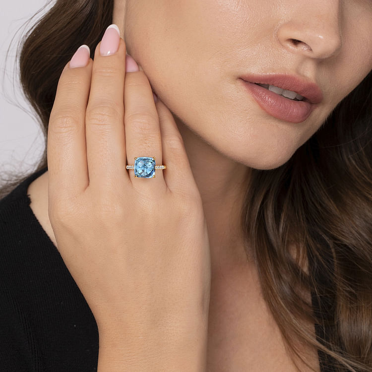 14K Yellow Gold Bujukan Diamond and Blue Topaz Signet Ring