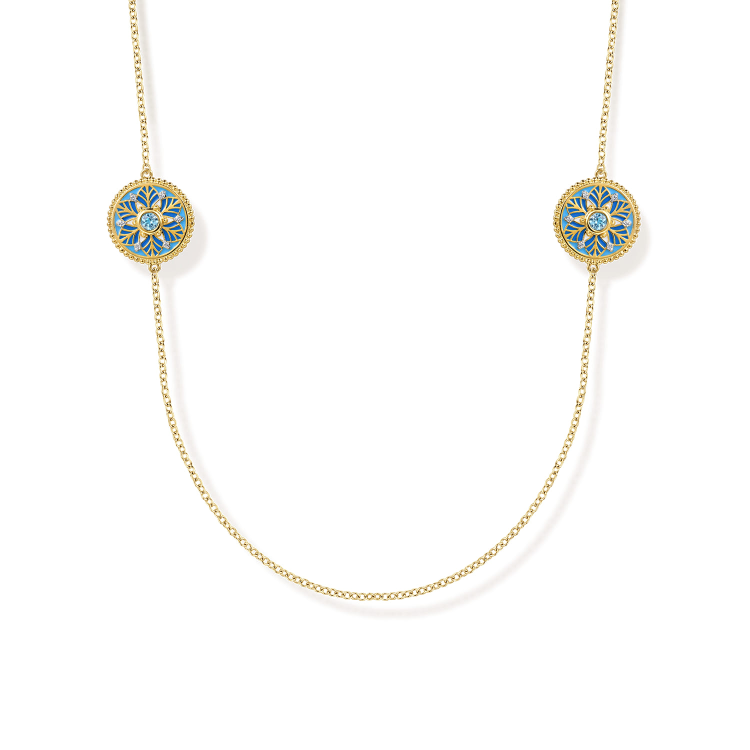 14K Yellow Gold Bujukan Diamond and Blue Topaz Station Necklace with Blue and Dust Blue and White Enamel - 0.18 ct - Shot 1