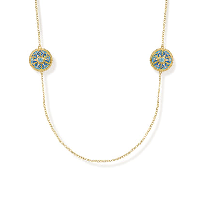 14K Yellow Gold Bujukan Diamond and Blue Topaz Station Necklace with Blue and Dust Blue and White Enamel