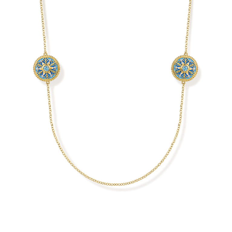 14K Yellow Gold Bujukan Diamond and Blue Topaz Station Necklace with Blue and Dust Blue and White Enamel - 0.18 ct - Shot 1