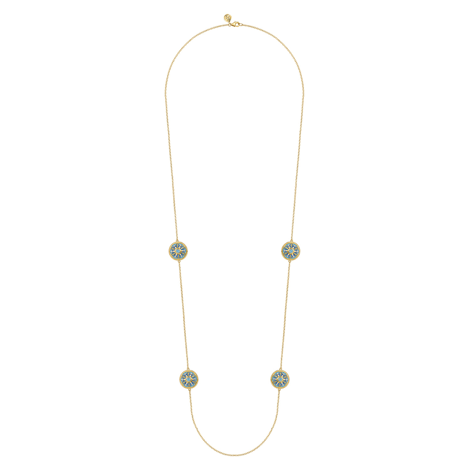 14K Yellow Gold Bujukan Diamond and Blue Topaz Station Necklace with Blue and Dust Blue and White Enamel - 0.18 ct - Shot 2