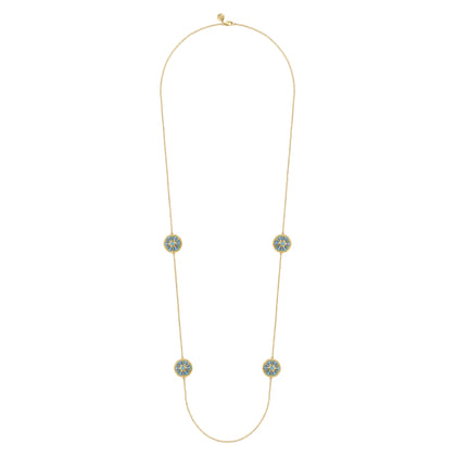 14K Yellow Gold Bujukan Diamond and Blue Topaz Station Necklace with Blue and Dust Blue and White Enamel