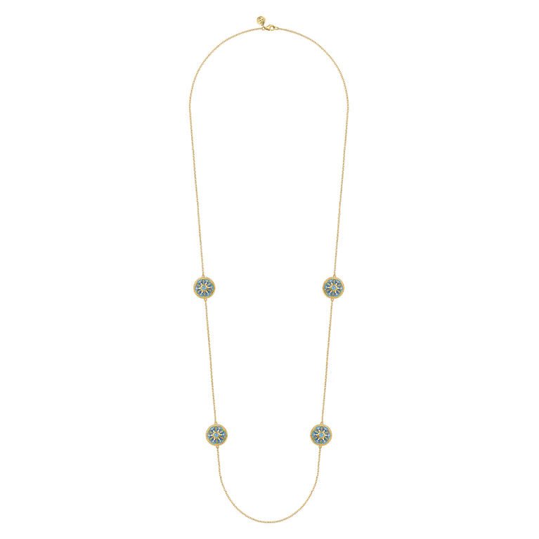 14K Yellow Gold Bujukan Diamond and Blue Topaz Station Necklace with Blue and Dust Blue and White Enamel - 0.18 ct - Shot 2