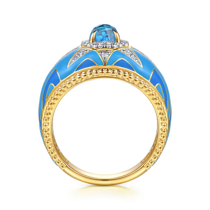 14K Yellow Gold Bujukan Diamond and Blue Topaz Wide Band with Blue and Dust Blue and White Enamel
