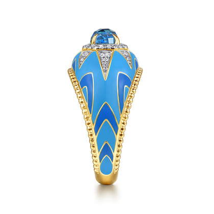 14K Yellow Gold Bujukan Diamond and Blue Topaz Wide Band with Blue and Dust Blue and White Enamel
