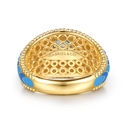 14K Yellow Gold Bujukan Diamond and Blue Topaz Wide Band with Blue and Dust Blue and White Enamel