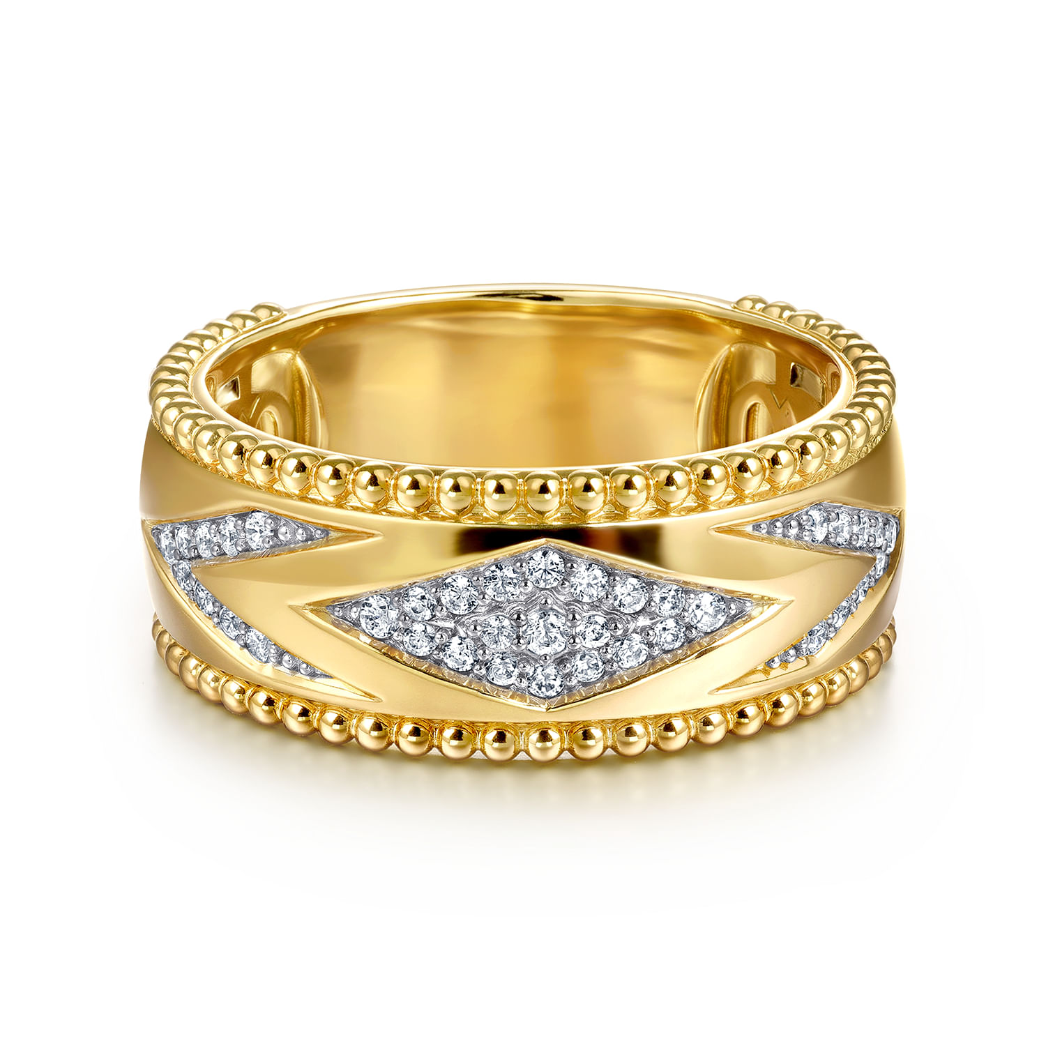 14K Yellow Gold Bujukan Diamond and Chevron Design Wide Band Ring