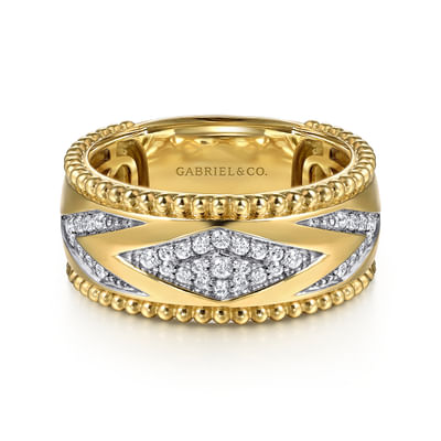 14K Yellow Gold Bujukan Diamond and Chevron Design Wide Band Ring