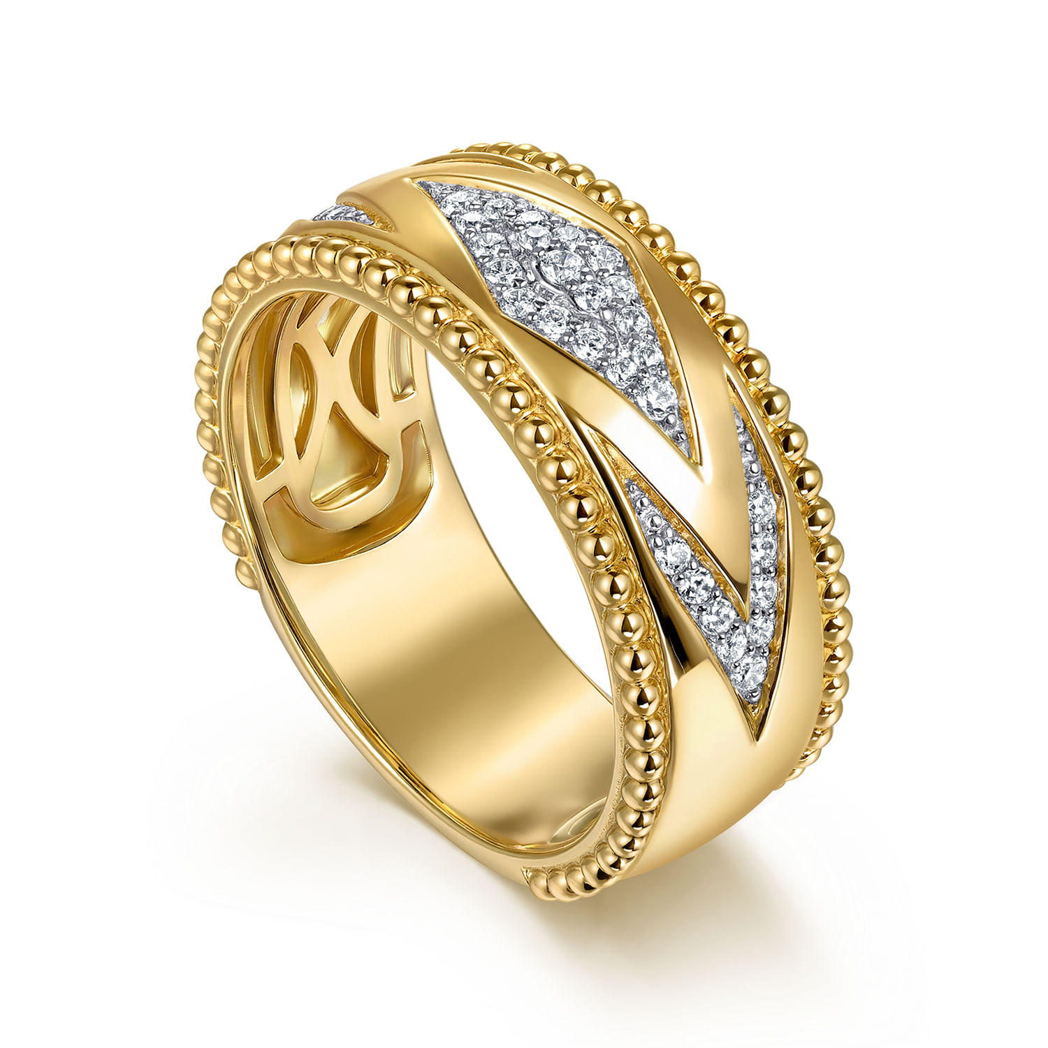 14K Yellow Gold Bujukan Diamond and Chevron Design Wide Band Ring