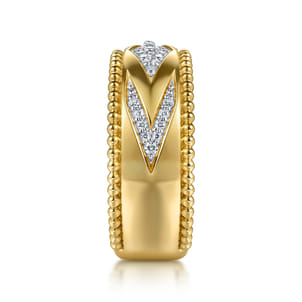 14K Yellow Gold Bujukan Diamond and Chevron Design Wide Band Ring
