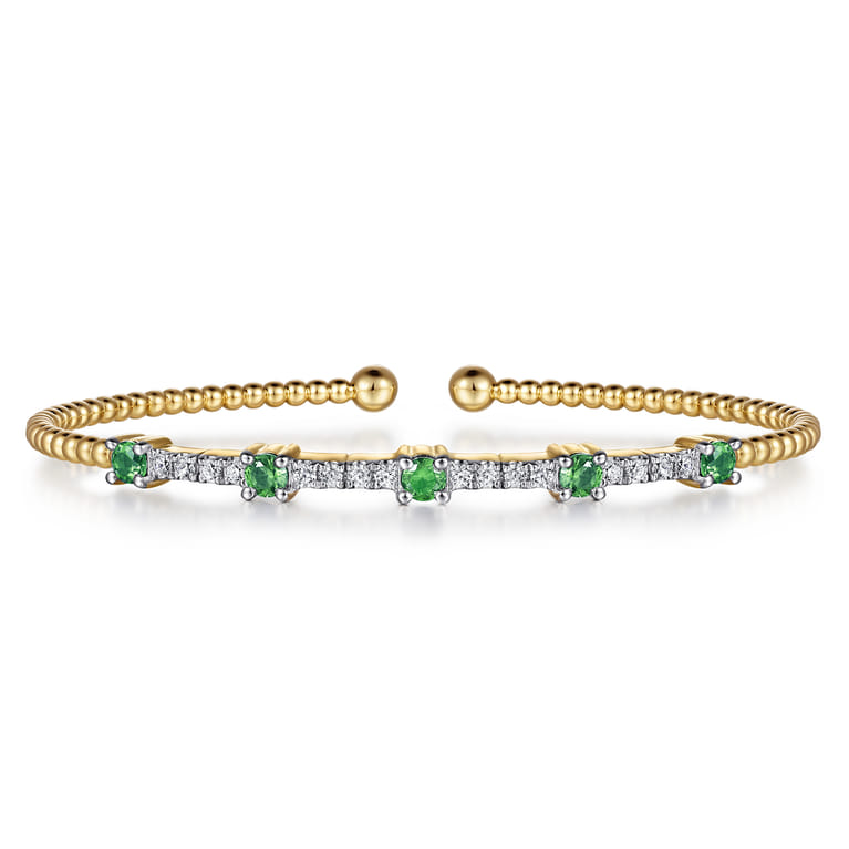 14K Yellow Gold Bujukan Diamond and Emerald Cuff Bracelet - 0.3 ct - Shot 1