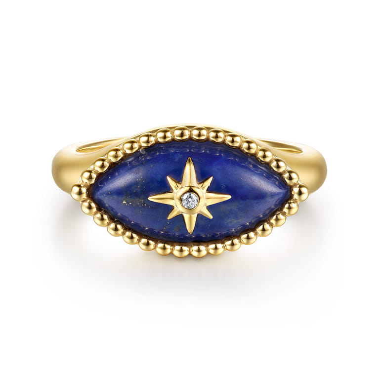 14K Yellow Gold Bujukan Diamond and Lapis Evil Eye Signet Ring - 0.01 ct - Shot 1