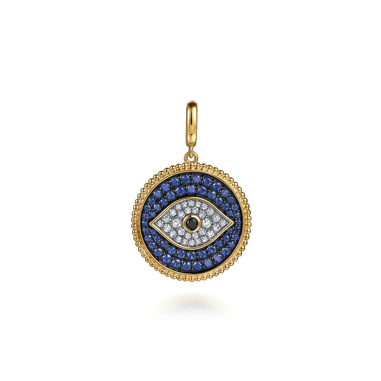 14K Yellow Gold Bujukan Diamond and Multi Stones Evil Eye Medallion Pendant With Detachable Bail - 0.35 ct - Shot 1