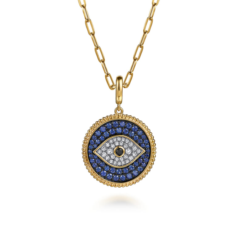 14K Yellow Gold Bujukan Diamond and Multi Stones Evil Eye Medallion Pendant With Detachable Bail - 0.35 ct - Shot 3