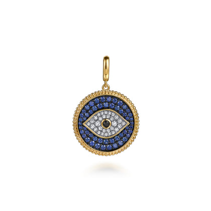 14K Yellow Gold Bujukan Diamond and Multi Stones Evil Eye Medallion Pendant with Detachable Bail