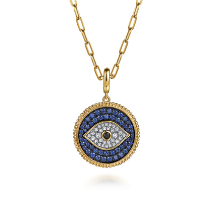 14K Yellow Gold Bujukan Diamond and Multi Stones Evil Eye Medallion Pendant with Detachable Bail