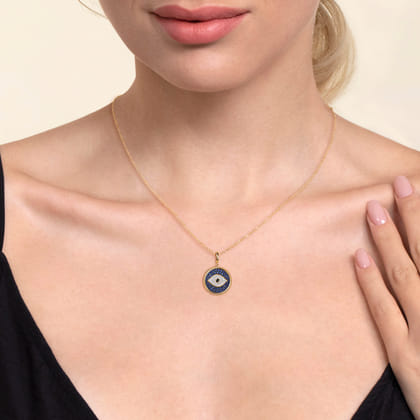 14K Yellow Gold Bujukan Diamond and Multi Stones Evil Eye Medallion Pendant with Detachable Bail