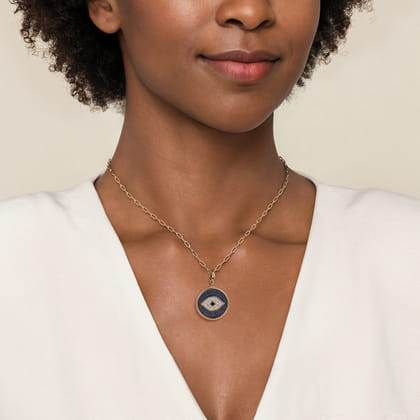 14K Yellow Gold Bujukan Diamond and Multi Stones Evil Eye Medallion Pendant with Detachable Bail
