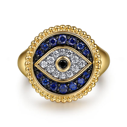 14K Yellow Gold Bujukan Diamond and Multi Stones Evil Eye Signet Ring