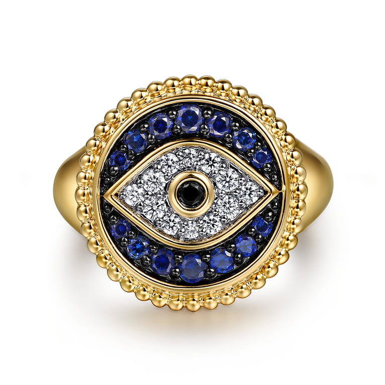 14K Yellow Gold Bujukan Diamond and Multi Stones Evil Eye Signet Ring - 0.17 ct - Shot 1