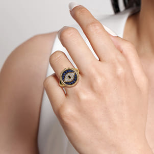 14K Yellow Gold Bujukan Diamond and Multi Stones Evil Eye Signet Ring