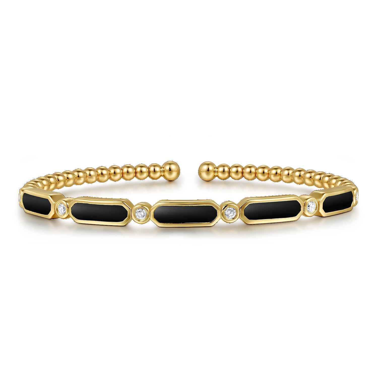 14K Yellow Gold Bujukan Diamond and Onyx Cuff Bangle Bracelet - 0.21 ct - Shot 1
